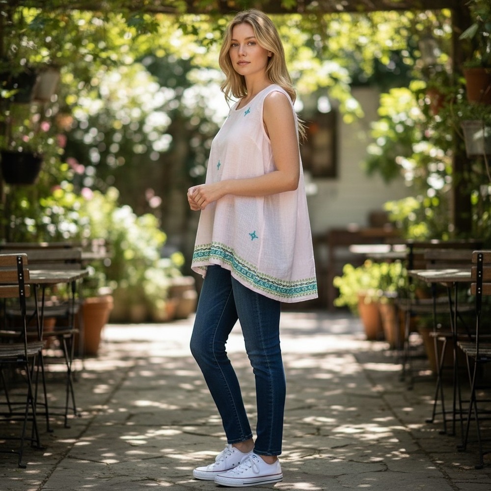 J. Jill Love Linen White Embroidered Sleeveless V-Neck Top Teal Green Large